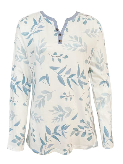 Spring And Autumn New Style Buttoned Leaf Print Casual Long-sleeved T-shirt