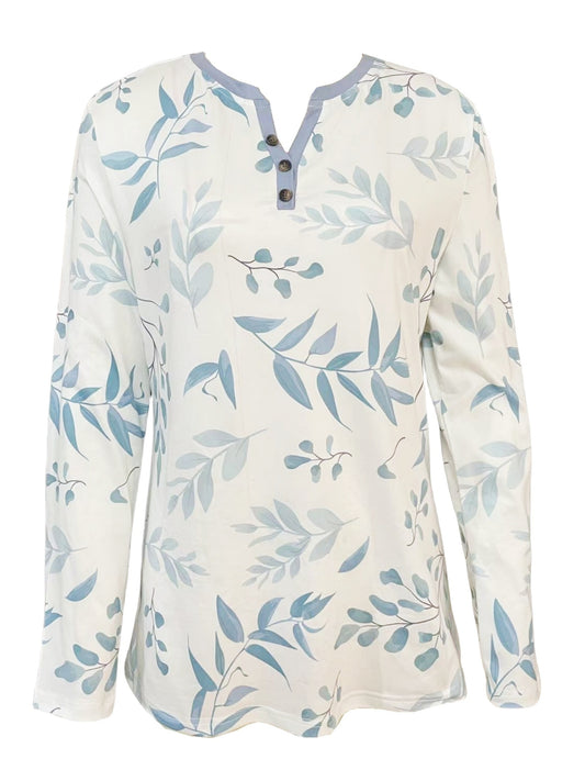 Spring And Autumn New Style Buttoned Leaf Print Casual Long-sleeved T-shirt