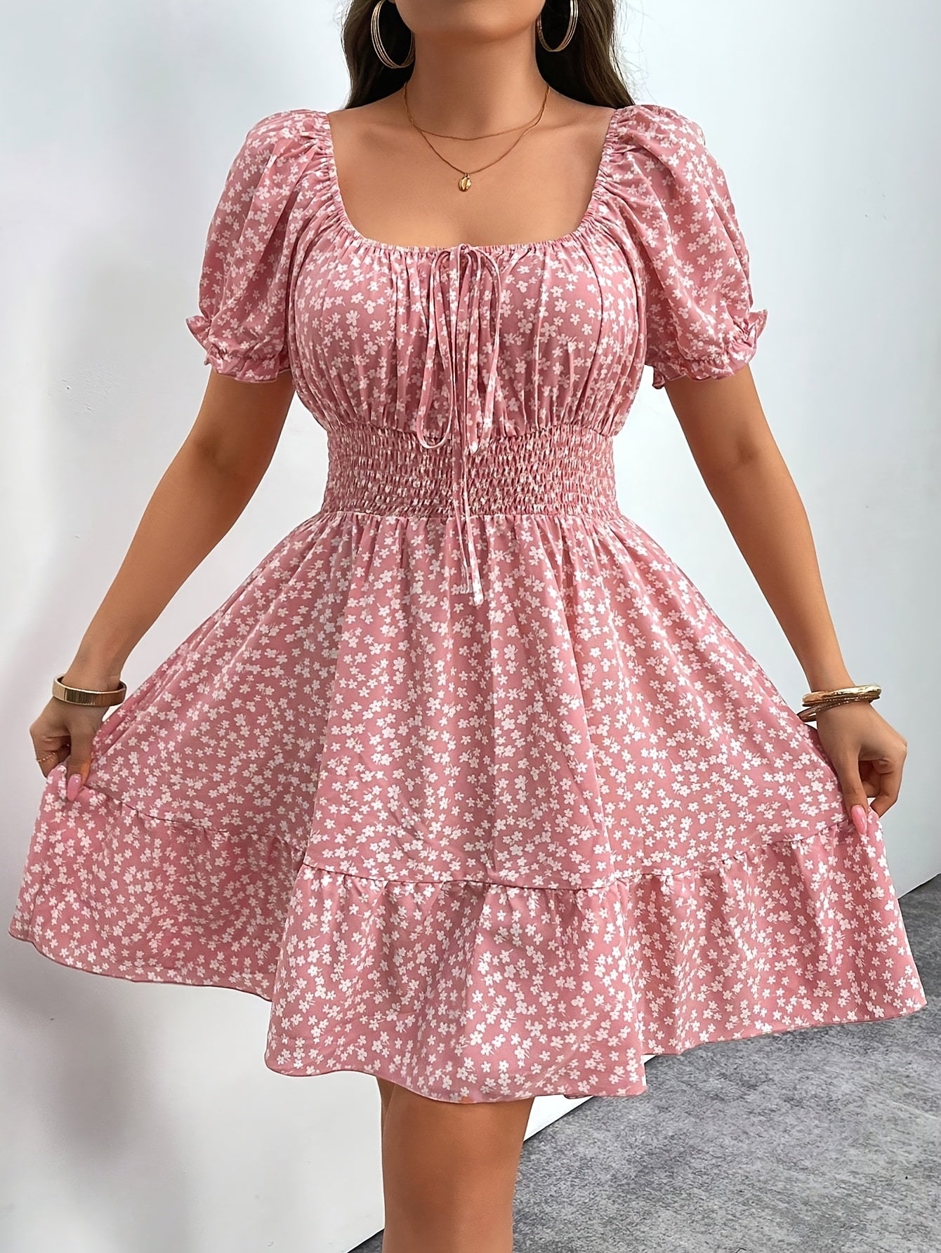 Plus Size - Plus Size - Midi Dress for a Bohemian Vacation in Plus Sizes - Featuring a Square Neckline, Short Puff Sleeves, Gathered Details, a Ruffled Hem, Made from with a Bit of Stretch, Perfect for Casual Weekends in Spring And Summer