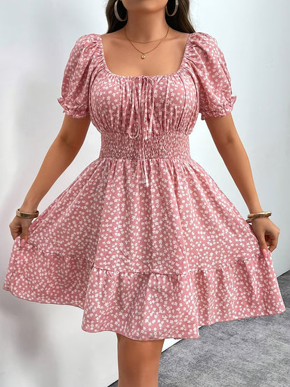Plus Size - Plus Size - Midi Dress for a Bohemian Vacation in Plus Sizes - Featuring a Square Neckline, Short Puff Sleeves, Gathered Details, a Ruffled Hem, Made from with a Bit of Stretch, Perfect for Casual Weekends in Spring And Summer