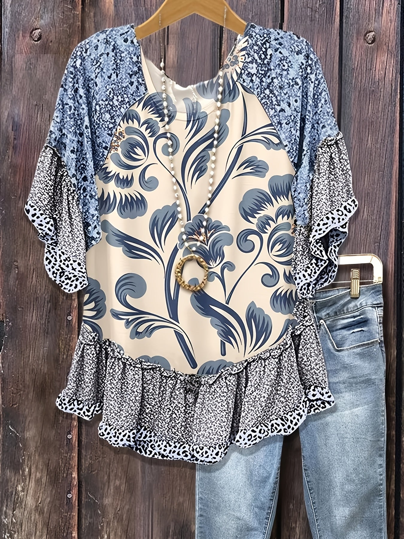Mixed Floral Print Loose Top, Leopard Print Patchwork, Flared Three-quarter Sleeves, Women's Clothing