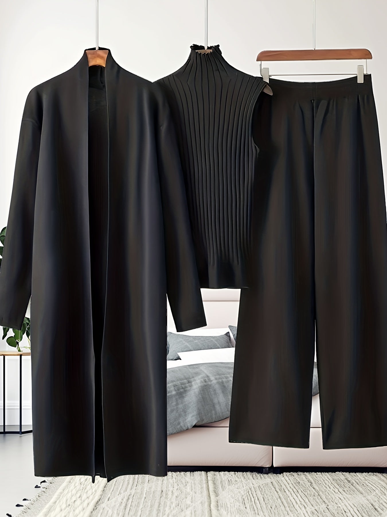 New Autumn And Winter Women'S Loose Set, Including Long Wide-Leg Pants, a Shawl Cardigan, And a High-Neck Vest Sweater, a Fashionable Three-Piece Set