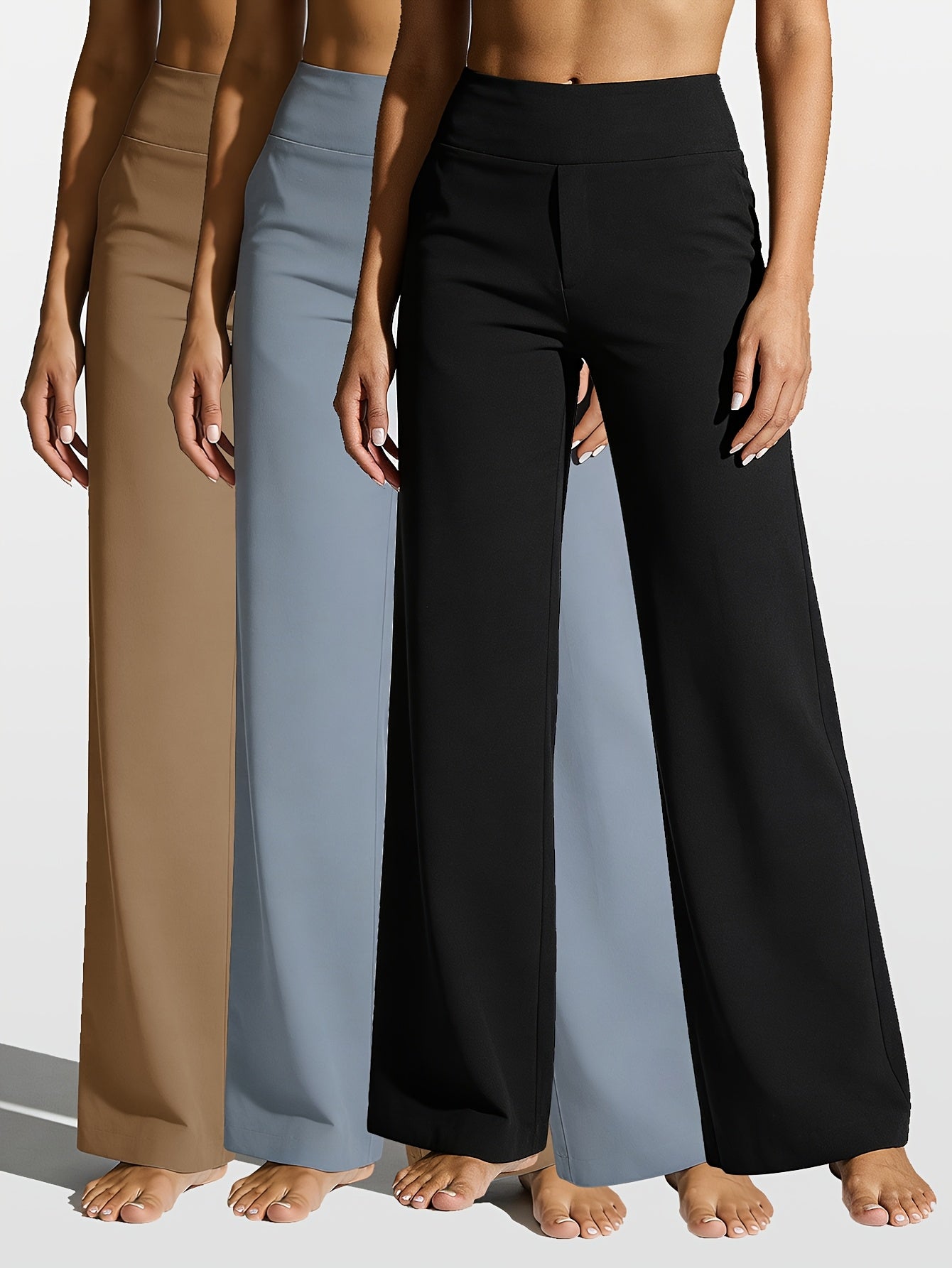 3pcs Of Women'S Summer Casual Straight-leg Pants, High-waisted Slim-fit Sports Trousers, Summer Lightweight Women'S Sportswear, Stretch Fabric, Women'S Sports Fitness Yoga Pants, Suitable For Daily Wear, Fitness, Running, Cycling Activities
