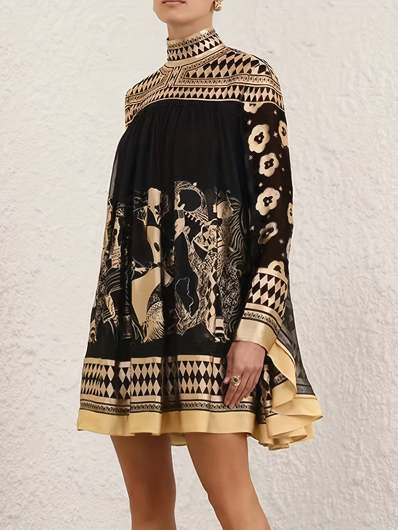 [Casual Stylish Retro] Women's Bronze Ethnic Print Stand Collar Long-Sleeved Short Dress, Casual And Stylish For Office Or Commuting, Retro Party A-Line Skirt
