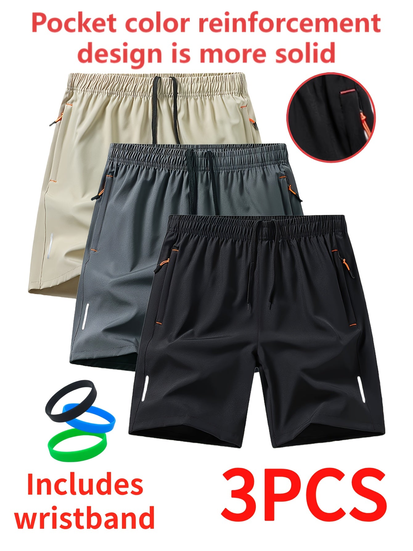 3pcs Men'S Stylish Athletic Shorts, Black Drawstring Design, Zipper Pockets, (Includes Wristband)Ideal For Summer Workouts And Outdoor Activities, Plus Size Shorts