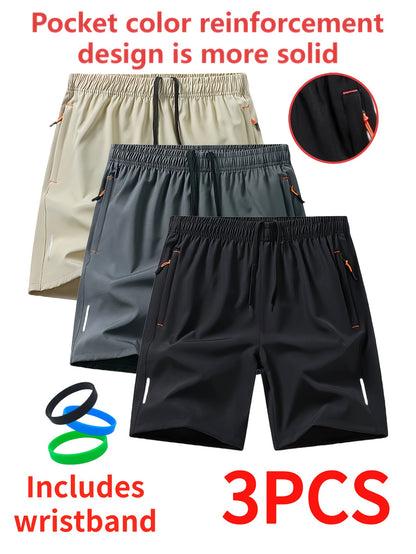 3pcs Men'S Stylish Athletic Shorts, Black Drawstring Design, Zipper Pockets, (Includes Wristband)Ideal For Summer Workouts And Outdoor Activities, Plus Size Shorts
