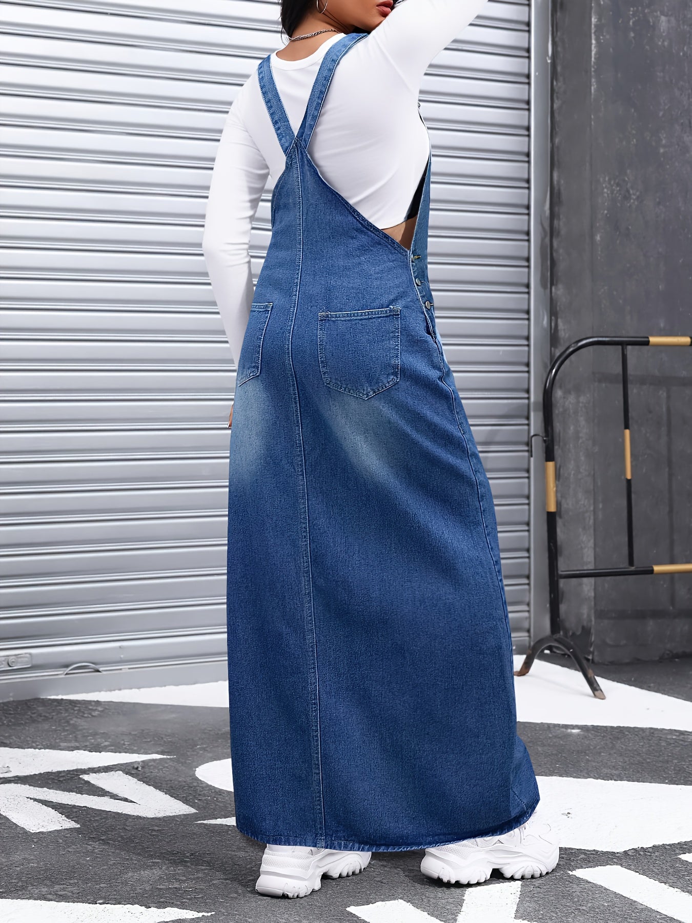 American Street Trend Women's Denim Overalls Skirt Jean Skirts for Women, Loose And Comfortable, Versatile for Commuting, Multi-breasted, Detachable Shoulder Straps, Long Skirt