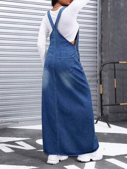 American Street Trend Women's Denim Overalls Skirt Jean Skirts for Women, Loose And Comfortable, Versatile for Commuting, Multi-breasted, Detachable Shoulder Straps, Long Skirt