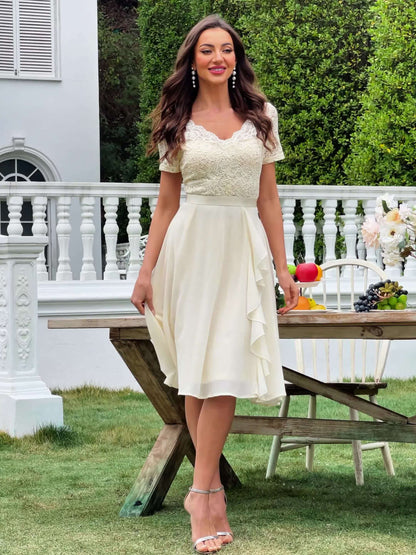 24224 Elegant Womens Sequin Lace Chiffon A Line Bridesmaid Dress, V Neck Short Sleeves, Ruched Ruffle Hem, Perfect for Graduation Season, Wedding Season, Summer Wedding Guest, Evening Party, Cruise Party And Birthday Celebration