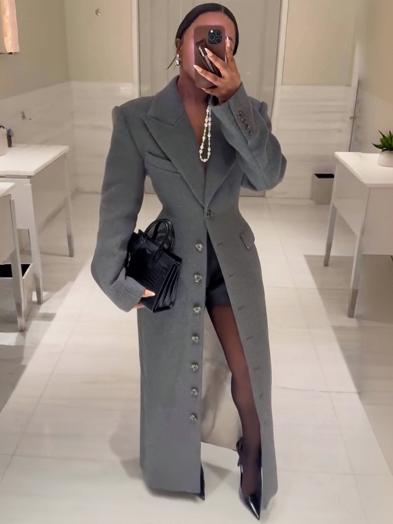GlOURI Women'S Single-Breasted Maxi Coat - Women'S Outerwear - Grey Tailored Maxi Jacket With Pad Shoulder & Statement Buttons | Single-Breasted Designer Coat For Elegant Office & Formal Wear Warm Fall And Winter Coat