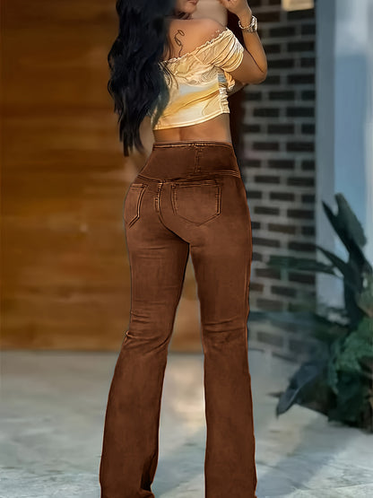 Women's High-Waisted Stretch Jeans - Wide-Leg Bell-Bottom Flared Pants with Cross-Waist , -Like Rayon//Spandex (75/23/2%), All-Season Casual to Dressy Wear, Wrinkle-Resistant Trousers