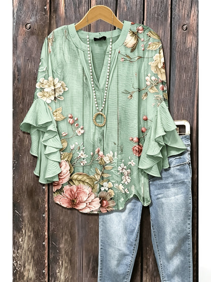 [Holiday Tops] Women's Blouse Ruffle Print Paisley Stylish Modern 3/4 Length Sleeve V Neck Regular Tops Daily Holiday Blue Black Wine Khaki Summer
