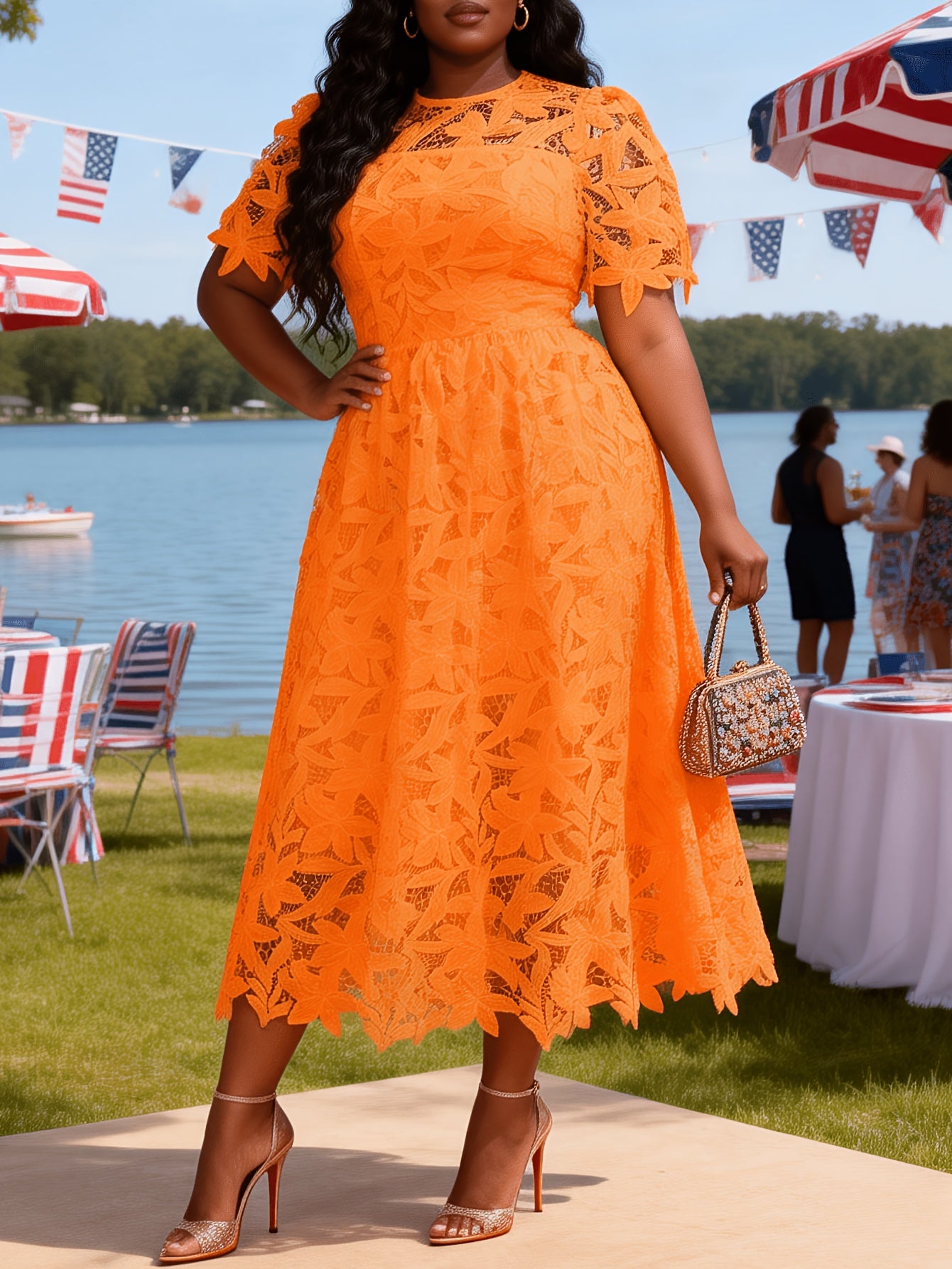 Plus Size - Plus Size - Plus Size Round Neck Lace Dress, Elegant Midi Length with Waist Definition, Formal Banquet And Evening Gown