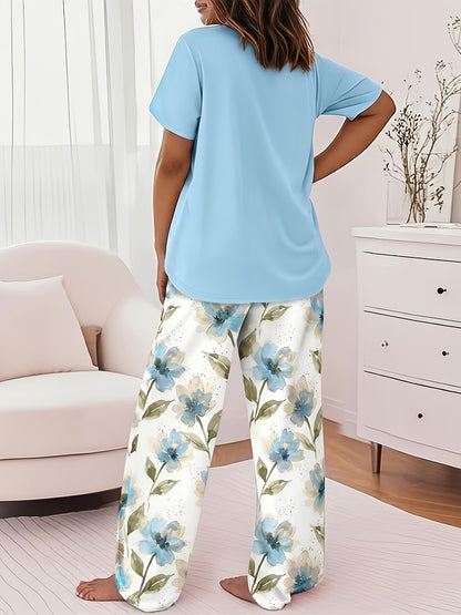 Round Neck Cross Printed Top Short-Sleeved Gradient Wide-Leg Pants Casual Loose Two-Piece Set