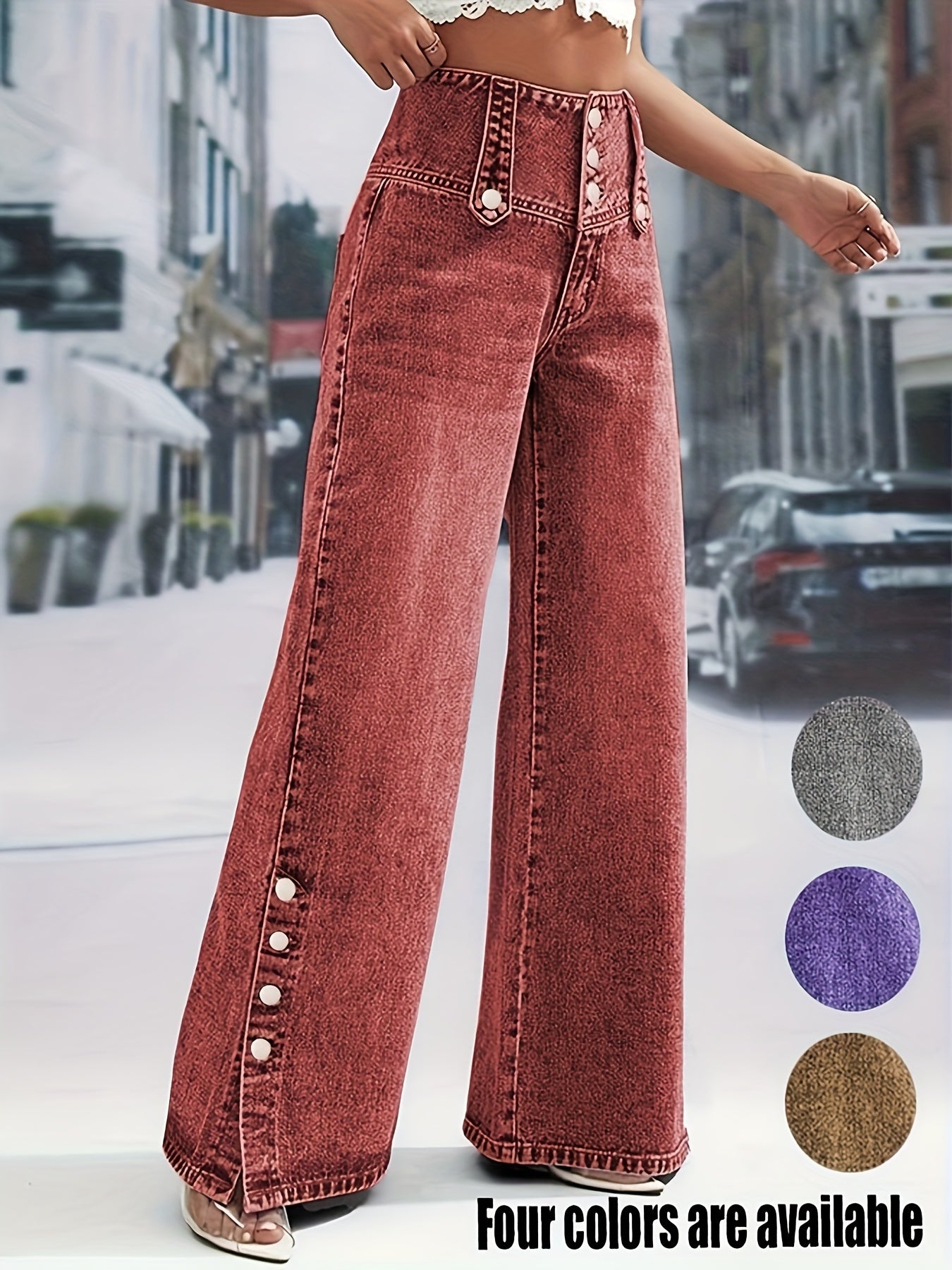 Women'S Light Blue Denim with a High Waist And Snowflake Pattern, Featuring a Buckle Design, Snap Boot Pant Legs, And a Straight, Loose Wide-Leg Cut. This Stylish Casual Outfit Is Perfect for Weekdays And Weekend Shopping, Machine Washable