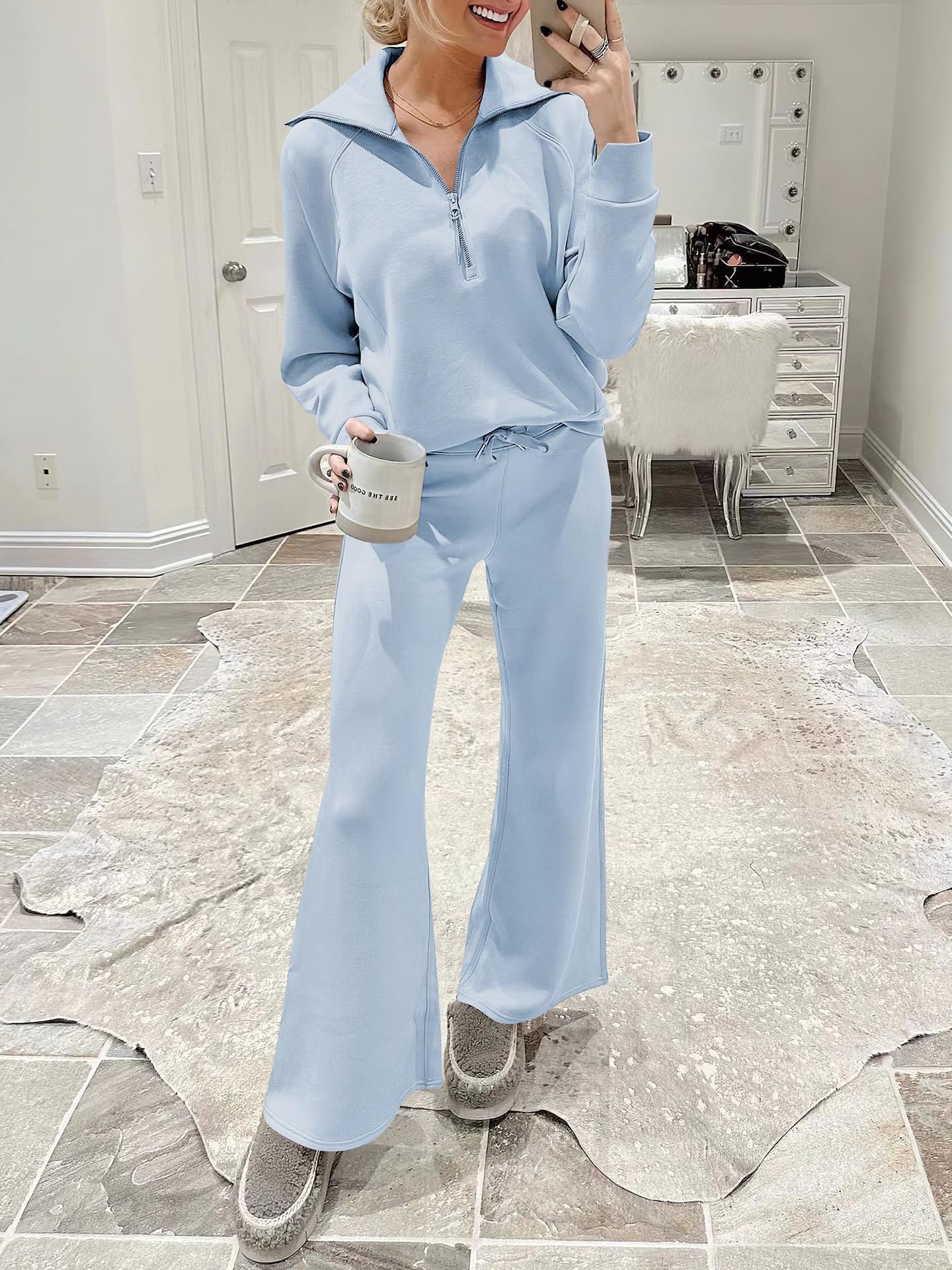Spring/Autumn Casual Swear Set for Women, Zipper Long-Sleeve Sweatshirt and Wide-Leg Pants 2pcs Set