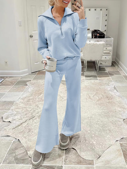 Spring/Autumn Casual Swear Set for Women, Zipper Long-Sleeve Sweatshirt and Wide-Leg Pants 2pcs Set