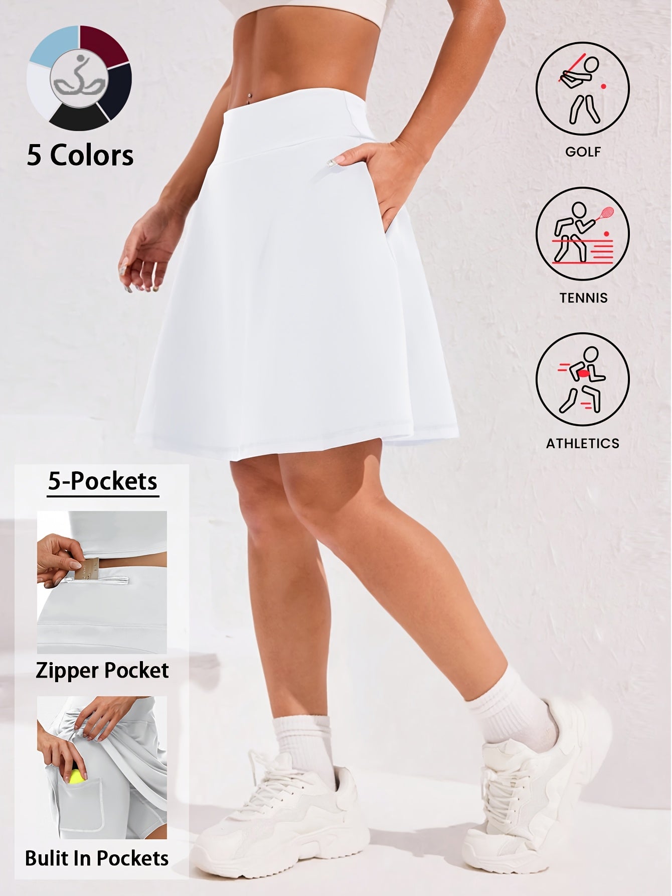 20-Inch Knee-Length Skorts for Women Featuring Five Pockets, High-Waisted Design, Suitable for Tennis And Golf, Long Athletic Skirt with Built-In Shorts