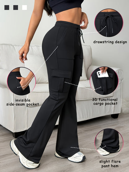 Women'S Solid Color Casual Drawstring Wide-Leg Sweatpants With Pockets, Elastic Waist Micro Flare Cargo Pants, Stretchy Pants For Daily Casual & Wear