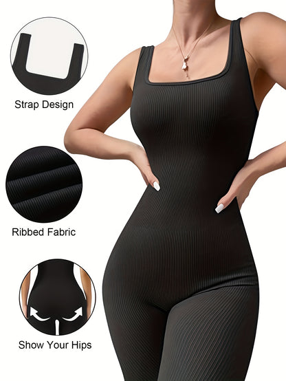 1pc YEFECY Women'S Sleeveless Square Collar Jumpsuit | 90% Nylon and 10% Elastic Fabric, Comfortable Thick, Impervious, Washable, Reusable, Suitable for Any Event, Exercise, Fitness, Pilates, Running, Yoga