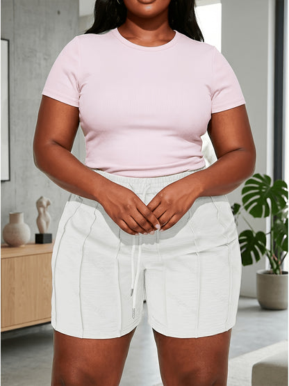 Plus Size, (4pcs 97894 Solid Color Drawstring Shorts, Casual Elastic Waistband, Spring/Summer Women's Wear, Casual Style, Spring/Summer/Autumn)