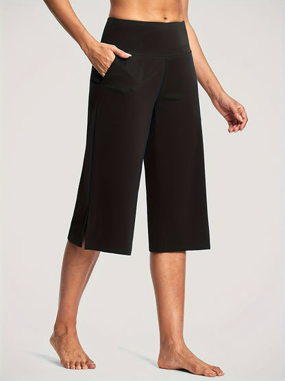 18'' Women's High-Waisted Wide Leg Yoga Capri Pants with Elastic Waist - Loose Comfortable Stretchable Soft Pants Suitable for Yoga, Workout, Casual & for Business Occasions - Spring Summer Fall Wearable with Practical Pockets (No Needed)