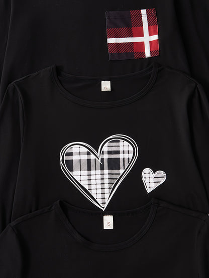 A New Six-Piece Casual Set for Women Featuring Heart-Shaped Printed Pockets, Long-Sleeve And Short-Sleeve Tops, Checkered Trousers, And Pajama Ensembles