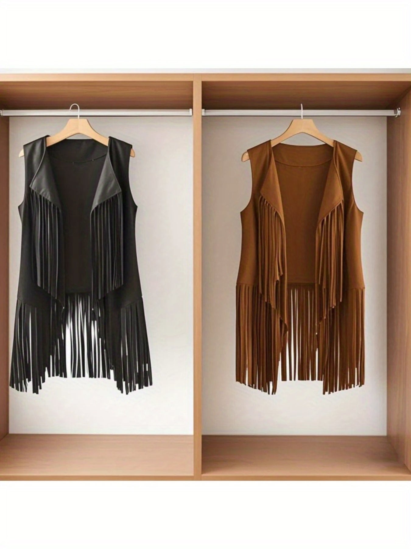 Women' Faux Suede Fringe Vest with Tassels - Western Cowgirl Jacket, Soft Flip-Collar Sleeveless Waistcoat Coat for All-Season Wear, Casual Outfits & Themed Events (Medieval Renaissance Fair) - Solid Color Plain Matching Outerwear