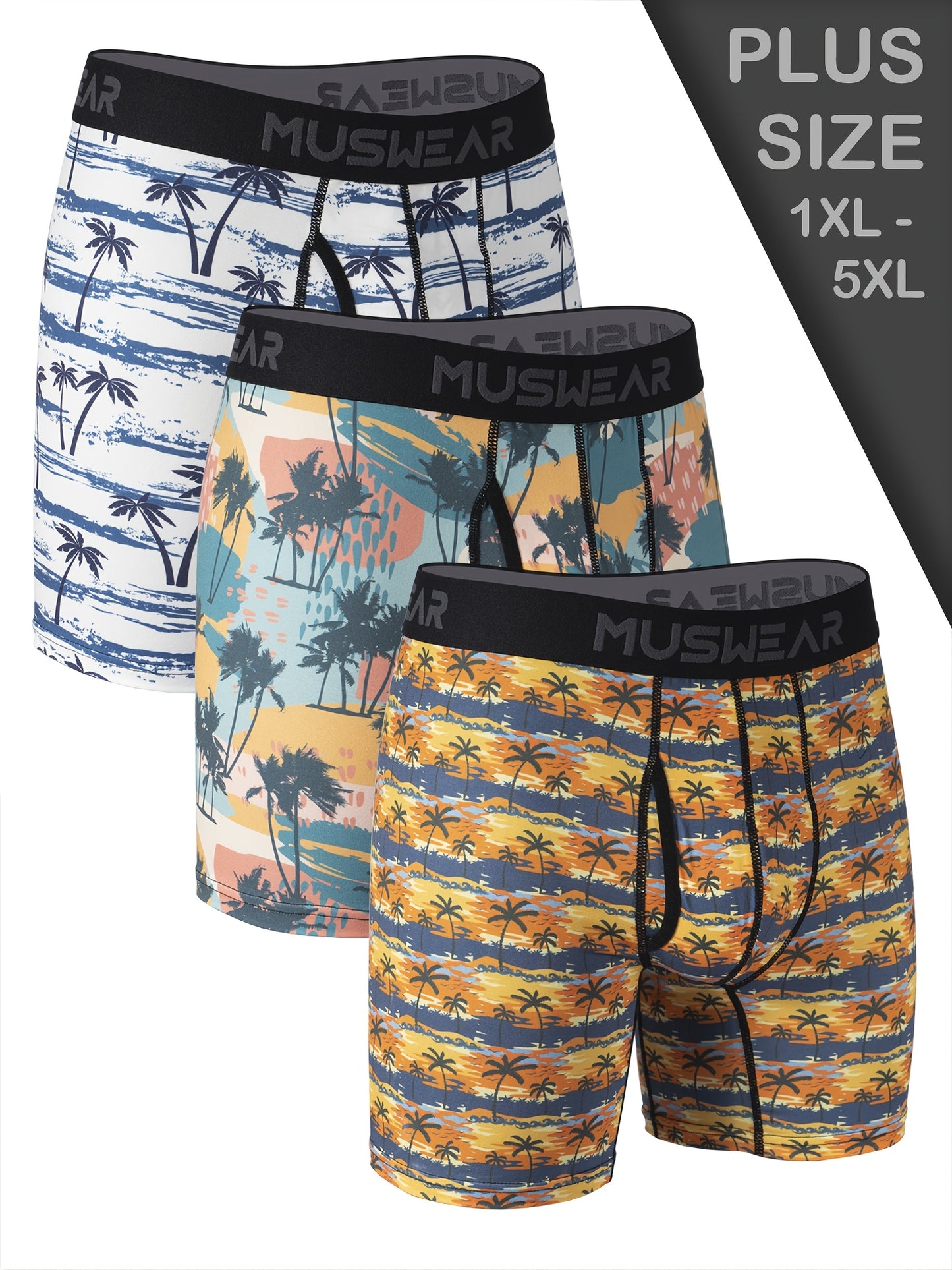 3pcs Men's Plus Size Boxer Briefs - Tropical Beach Swim Trunks with Coconut Tree & Sunset Print, Double-Sided Brushed Underwear for Extended Coverage, Elastic Waistband - Ideal for Vacation & Casual Attire (Machine Washable) - Ideal Gift for Him, Comforta