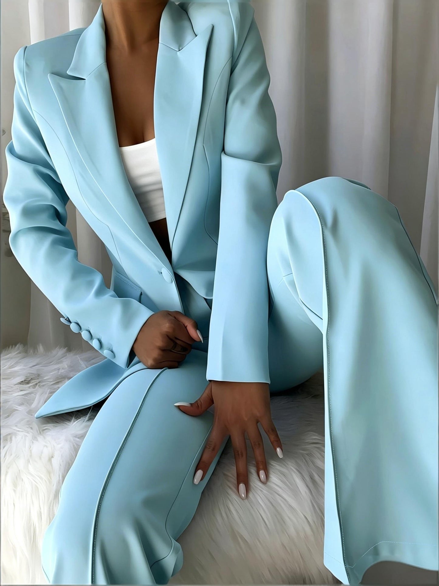 Women'S 2pcs Light Blue Suit Set, Tailored Lapel Blazer & Wide Leg Pants, Formal Business Outfit For Work Party Wedding