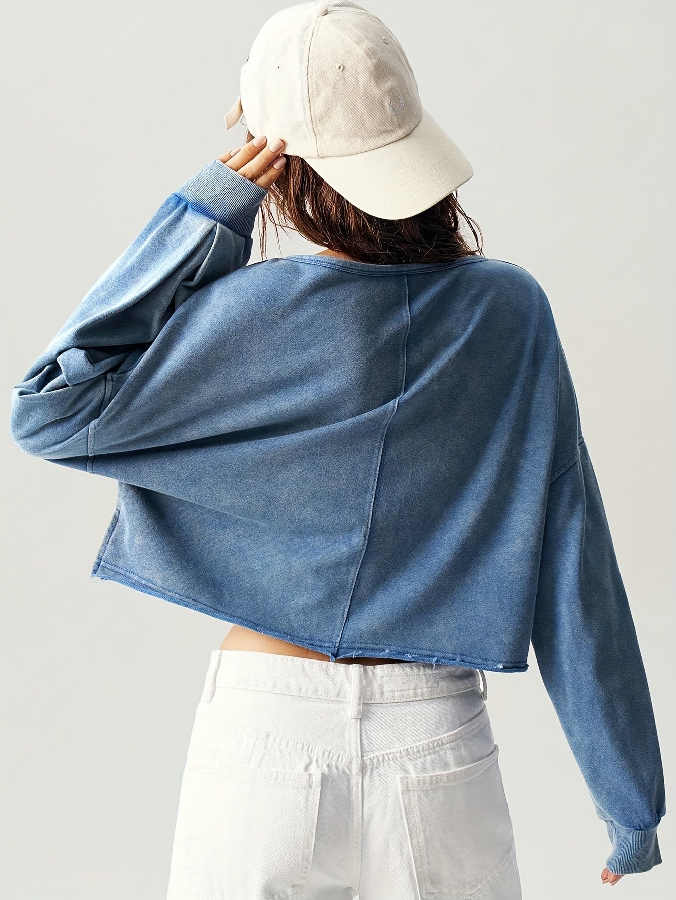 Casual Solid Color V-Neck Long Sleeve Loose Fit Women Sweatshirt Fall Tops Women Cropped Sweatshirt Long Sleeve Tops Comfy Tops Tops for Women