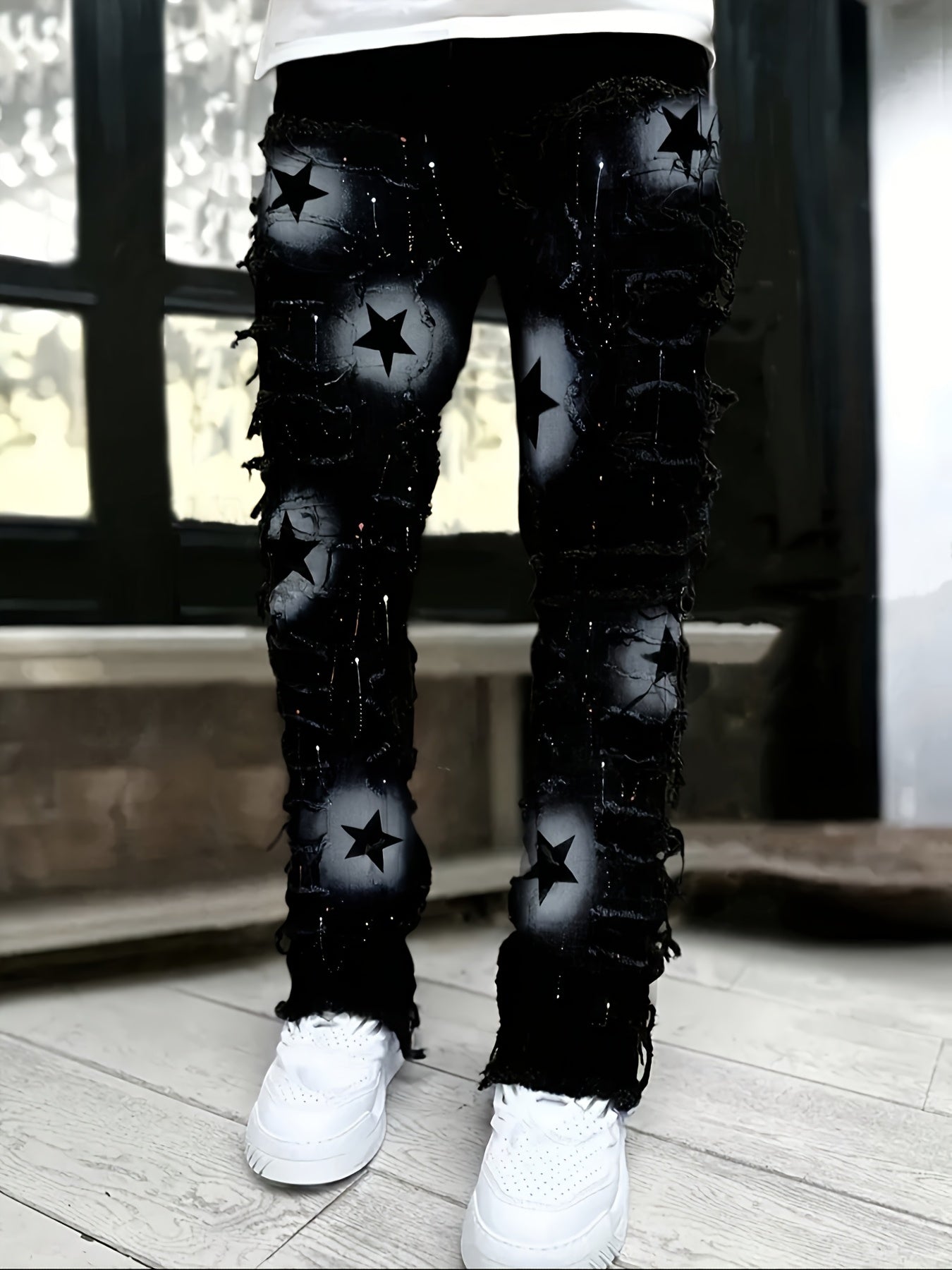 Men'S Star Print Fashion Layered Tassel Jeans