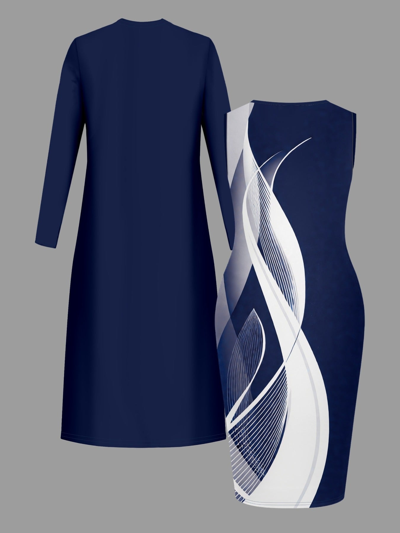 Stylish Women'S Dress Set, Featuring a Long Cardigan And a Printed, Waist-Cinching Dress, a Chic And Elegant Two-Piece Outfit for Everyday Wear