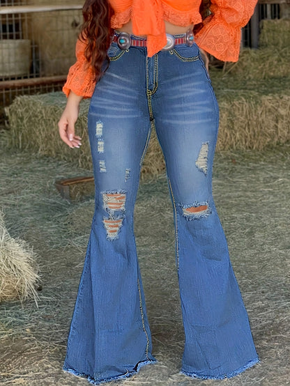 High-Waisted Bootcut Jeans for Women - Classic Blue Stretchy Jeans with a Sexy Distressed Design