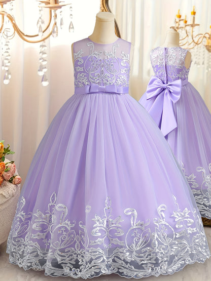Flower Girl Lace Dress for Kids Wedding Bridesmaid Pageant Party Formal Long Gown Princess Communion Tulle Bow Dresses