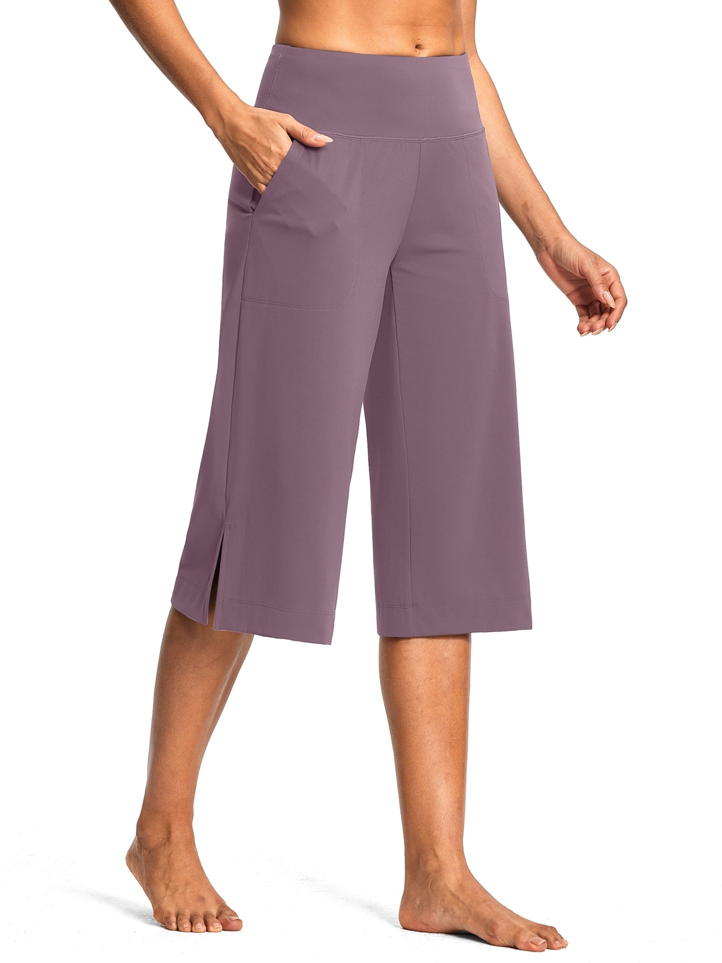 18'' Women's High-Waisted Wide Leg Yoga Capri Pants with Elastic Waist - Loose Comfortable Stretchable Soft Pants Suitable for Yoga, Workout, Casual & for Business Occasions - Spring Summer Fall Wearable with Practical Pockets (No Needed)
