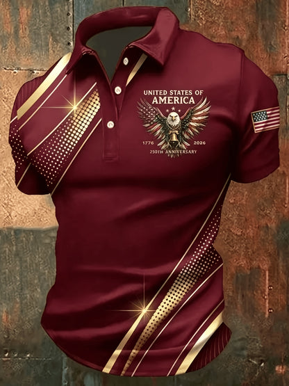 Plus-Size Men'S Summer Short-Sleeve Polo Shirt, Men'S T-Shirt, Men'S Top, American-Style Commemorative Flag Print Short-Sleeve, Golden Lines Eagle Print Design, Flag Sleeve Badge, Business Casual Short-Sleeve Top, Plus Size