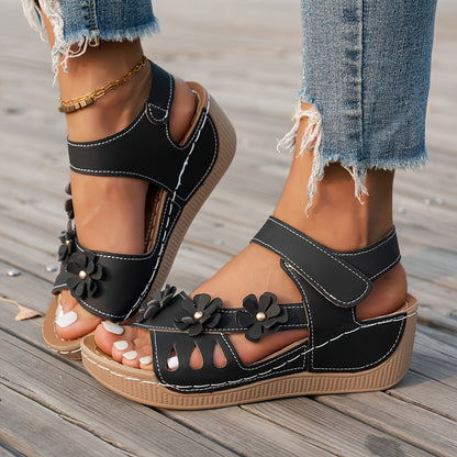 [Open-Toe Wedge Sandals] Women's Wedge Sandals Feature a Classic Combination of Open-Toe Design And Wedge Heel, Adorned with Three-Dimensional Floral Embellishments for a Summery, Women Shoes