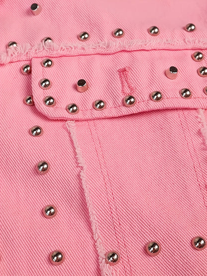 Women's Long Sleeve Rivet Studded Denim Jacket Casual Washed Pearl Short Jean Coat