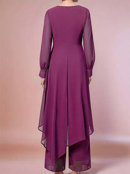 Ladies' Elegant Two-piece Set, Fashionable Chiffon Top with Flowing Sleeves, Wide-leg Pants, And Stylish Accessories - A Must-have Party Dress Pants Set for All Seasons.