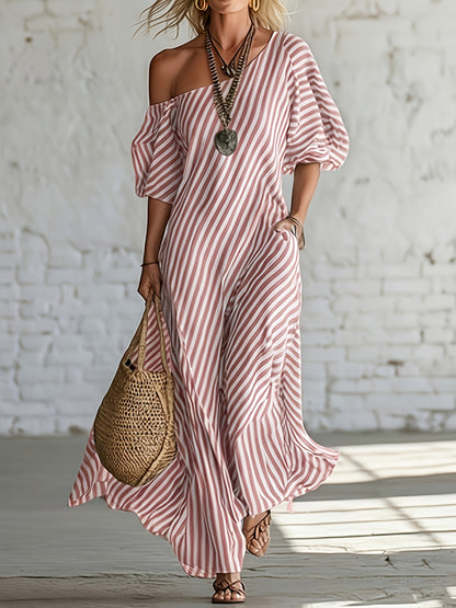 Women's Casual Striped Maxi Dress - Asymmetrical One Shoulder, Puff Sleeve, Loose Fit with Pockets, Summer Beachwear