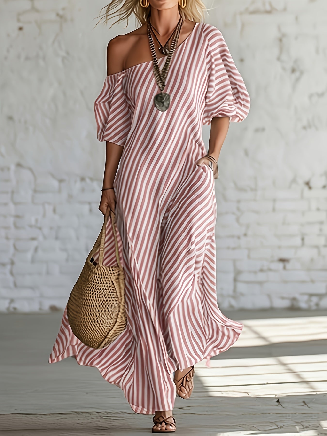 Women's Casual Striped Maxi Dress - Asymmetrical One Shoulder, Puff Sleeve, Loose Fit with Pockets, Summer Beachwear