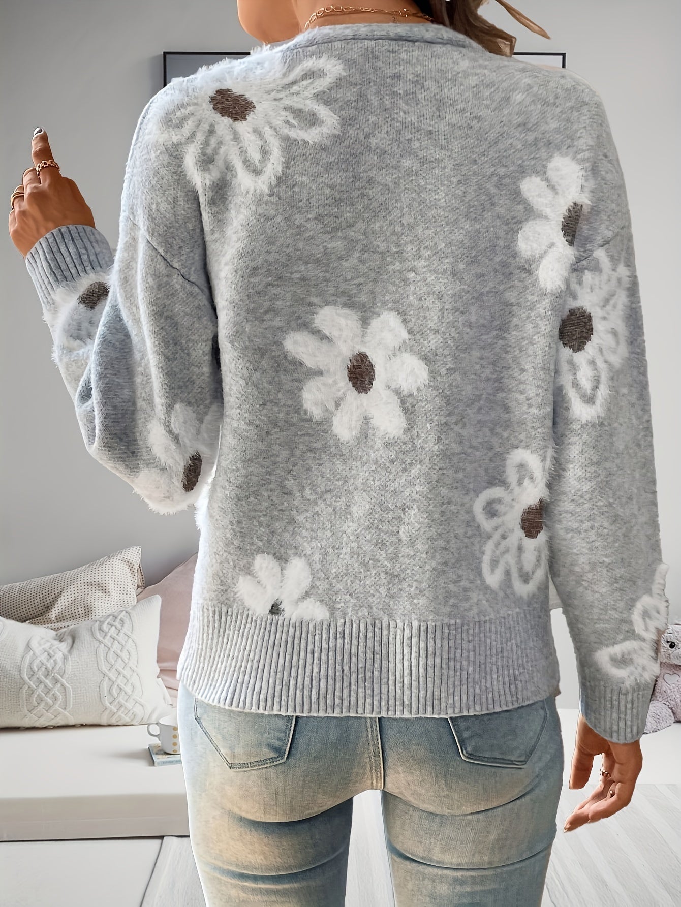 Women's Printed Button Cardigan V-neck Drooping Shoulder Coat