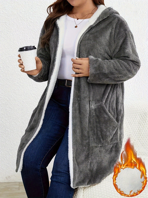 Plus Size, Plus Size Women's Autumn And Winter Casual Mid to Long Solid Color Plush Hooded Jacket