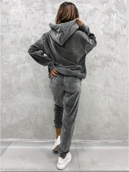 Lady Velvet 2pcs Set (Solid-color Long-sleeved Hooded Sweatshirt And Sweatpants Set) Soft Velvet Y Set for Casual Wear, Dress-up Set, Y Set
