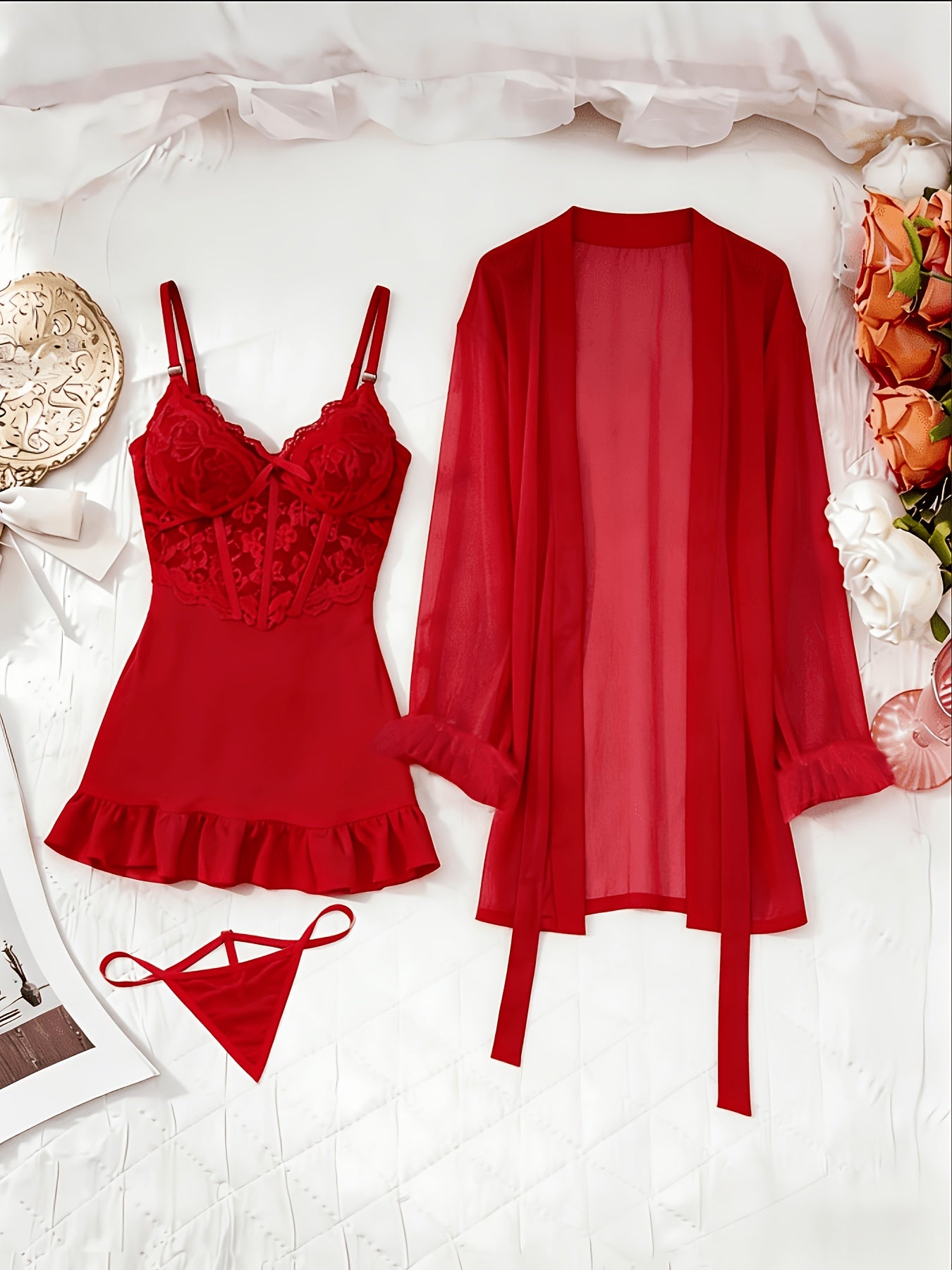 [3pcs Sheer Lace Set] Women's Lingerie 3pcs Sheer Lace Babydoll Set With Robe And Panty See Through Trim Mesh Sleepwear Sexy Nightwear