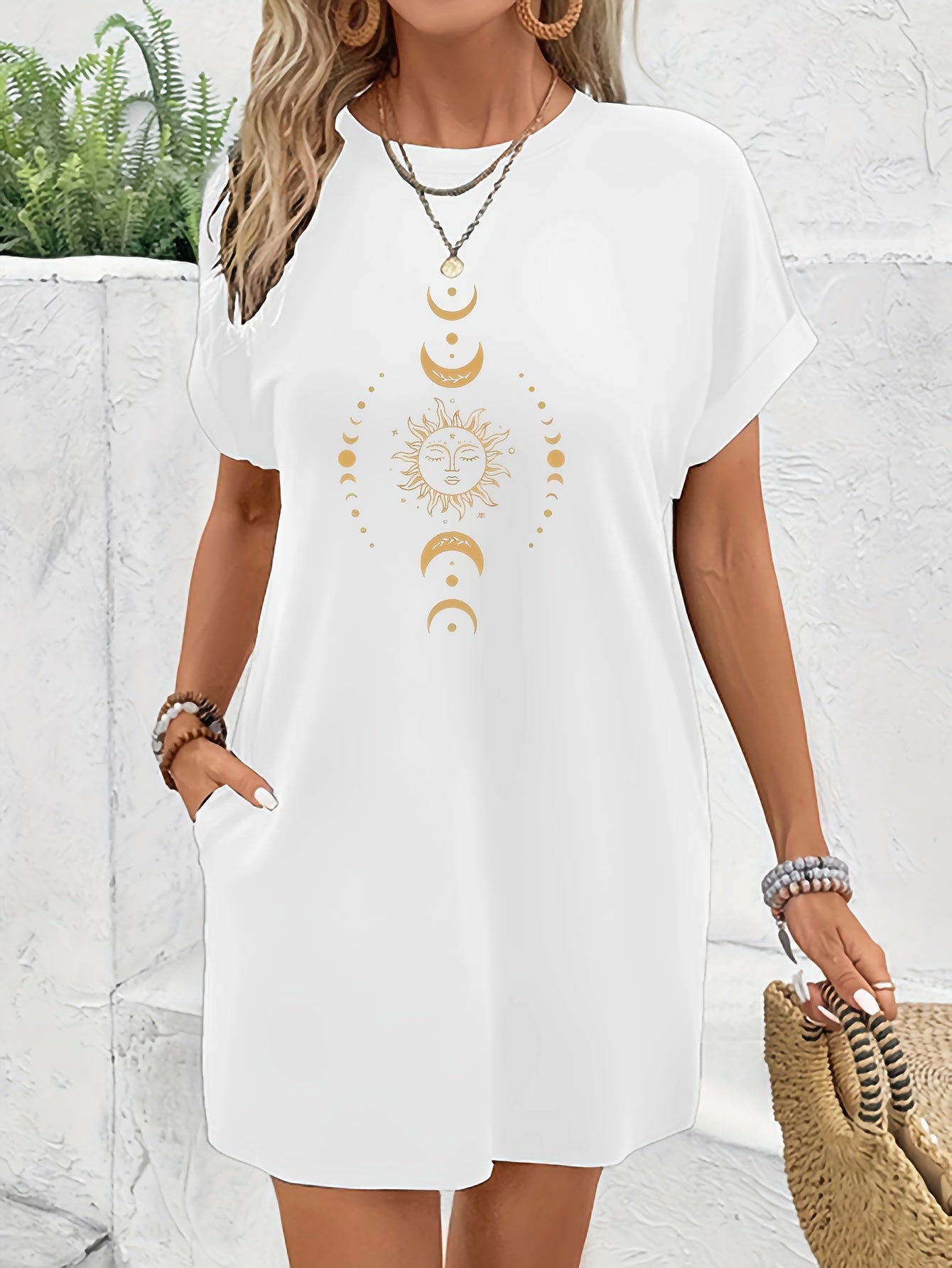 Women's Casual Short Sleeve T-Shirt Dress with Celestial Sun Moon Stars Print - Relaxed Fit Knee-Length Round Neck Machine Washable Spring Summer Dress, Casual Attire, Graphic Tee Style, Medium Stretch Fabric, Boho Style Lovers