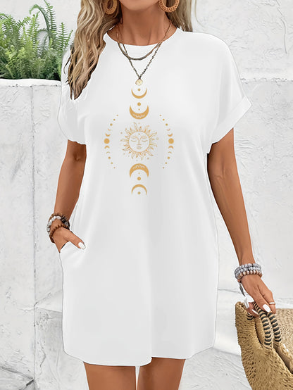 Women's Casual Short Sleeve T-Shirt Dress with Celestial Sun Moon Stars Print - Relaxed Fit Knee-Length Round Neck Machine Washable Spring Summer Dress, Casual Attire, Graphic Tee Style, Medium Stretch Fabric, Boho Style Lovers