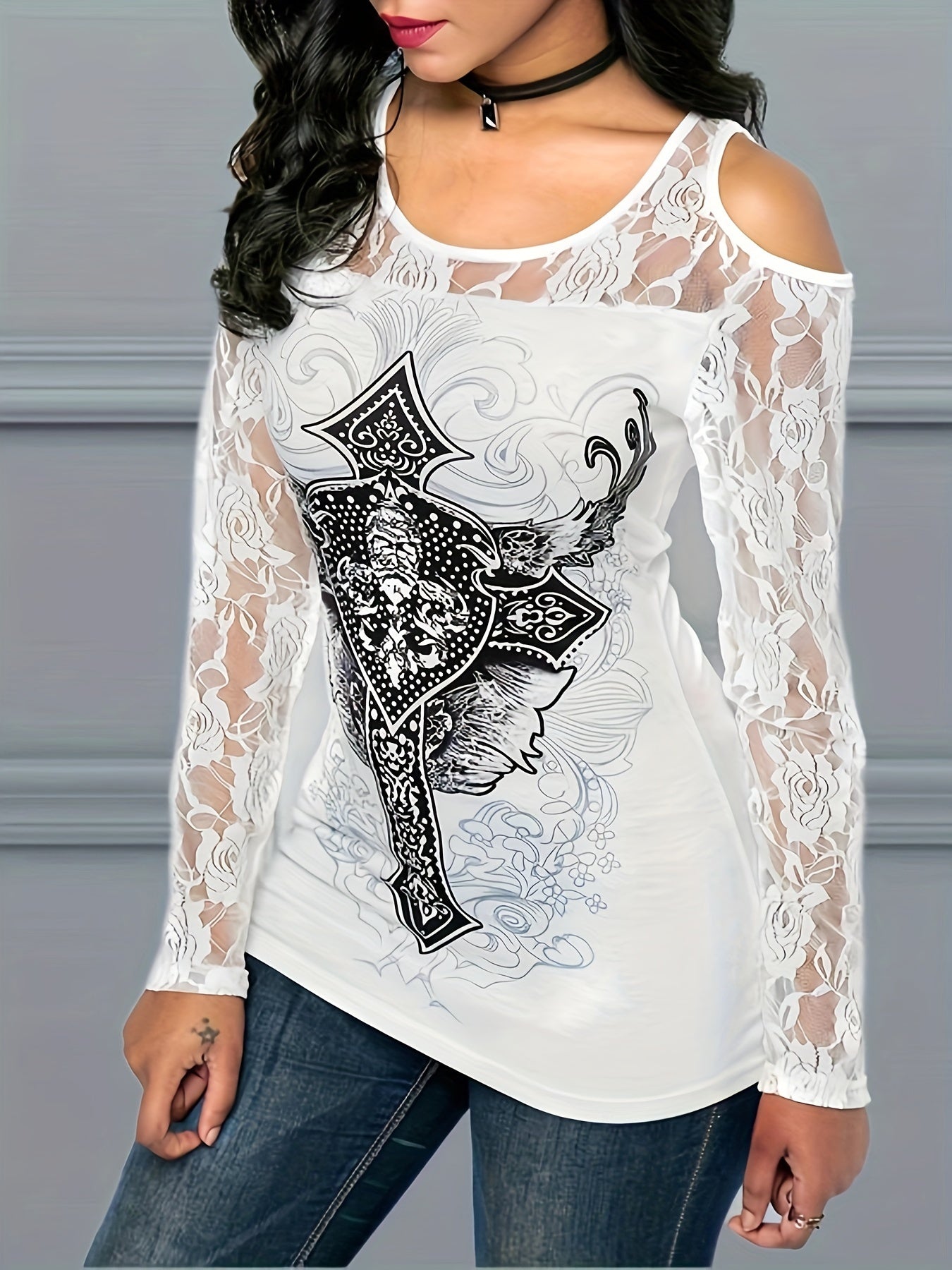 Plus Size - Plus Size - Plus Size Goth T-Shirt, Women'S Plus Graphic Print Contrast Lace Cut Out Long Sleeve Round Neck Top