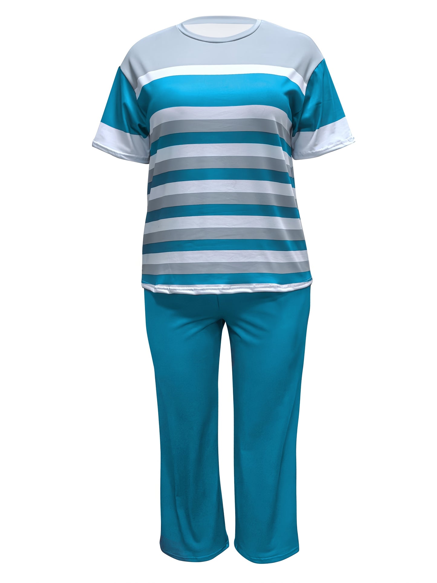 2pcs Women'S Plus Size Color Block Set - Elegant Crew Neck Long Sleeve Top & Straight Leg Pants, 95% Polyester 5% Elastane, Medium Stretch Knit Fabric, Machine Washable